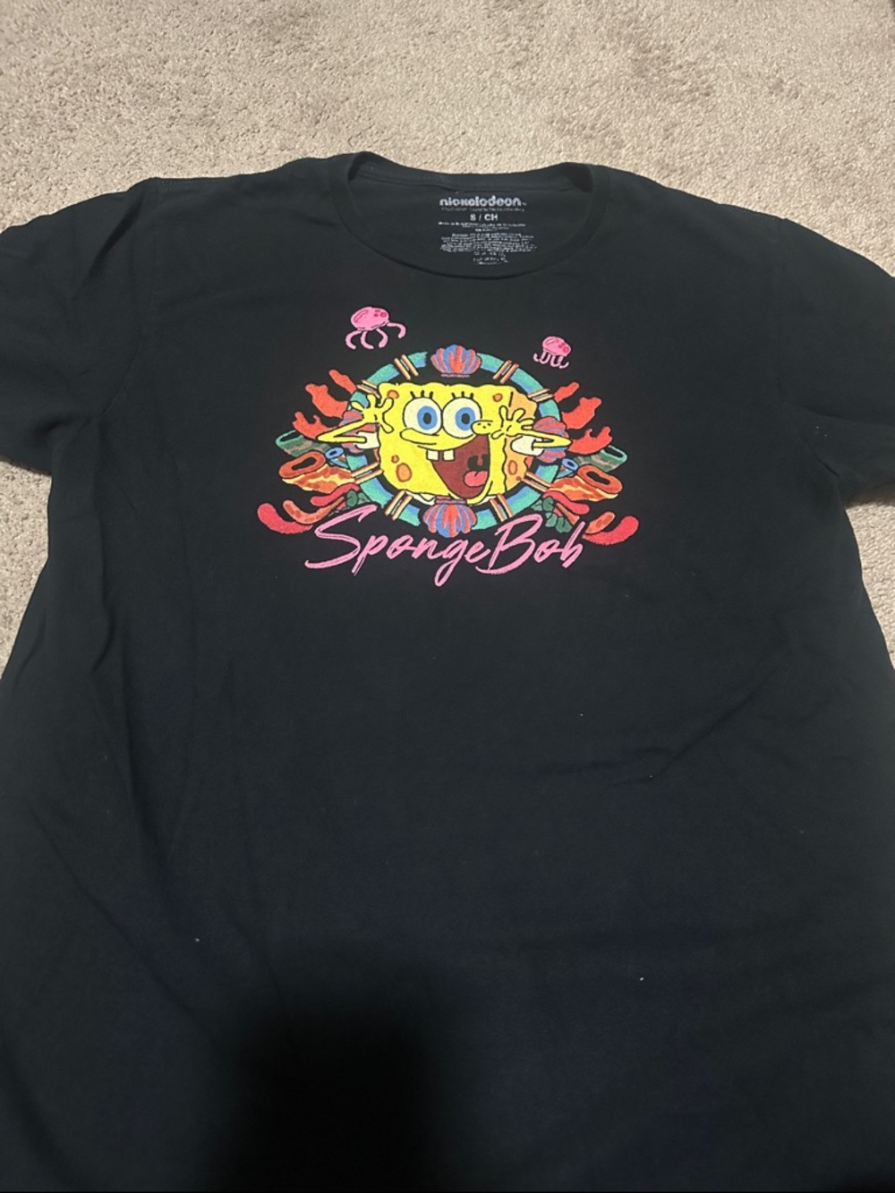 Nickelodeon Black Tee with Yellow SpongeBob and Pink Script women’s size small